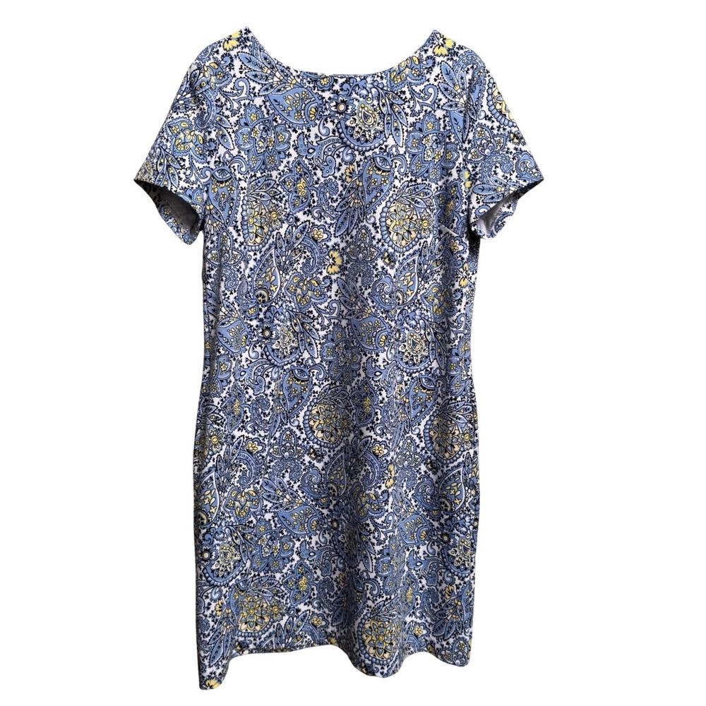 Talbots Blue Paisley Short Sleeve Shift Dress Pockets Coastal Boho Womens Large